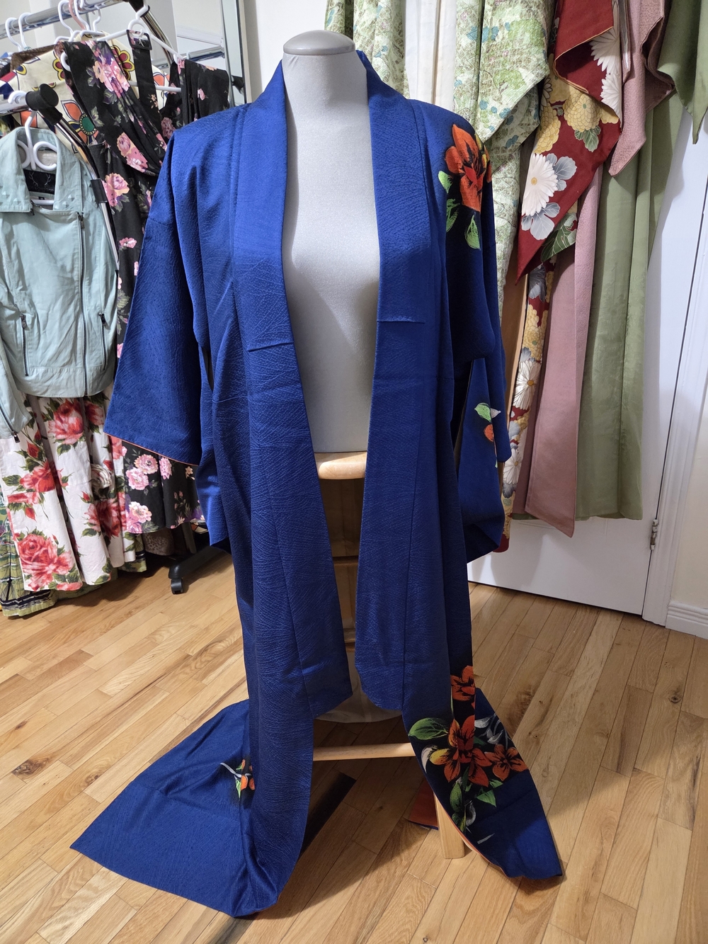 Rare Vintage Japanese Silk Kimono • Cobalt Blue Floral • Hand Painted & Lined